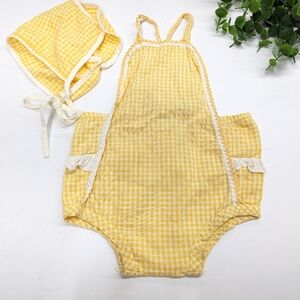 V I N T A G E :: Infant Yellow Gingham Romper & Matching Bonnet 2pc Set